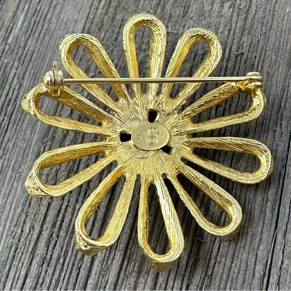 DeNicola Vintage 60s Signed Blue Gold Tone Flower Brooch MCM
